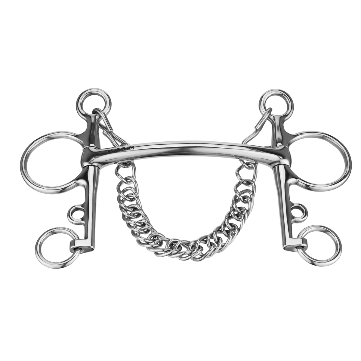 Pelham 14 mm cu muștiuc fix curbat (Mullen), brațe lungi - oțel inoxidabil