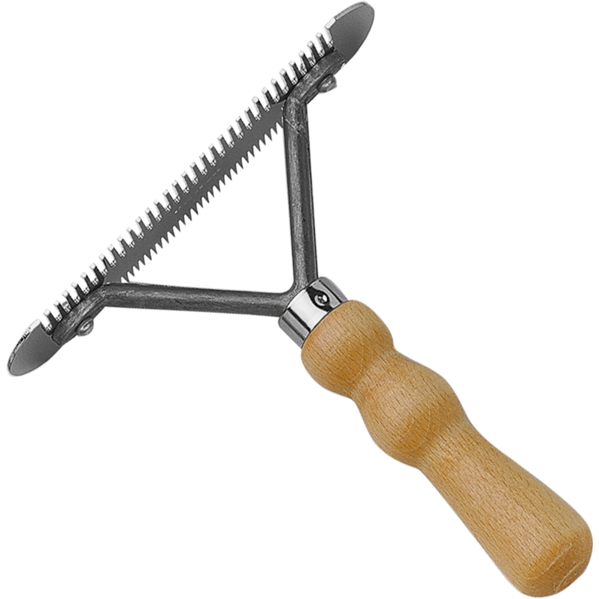 Greblă de subțiat cu mâner din lemn, zimțată pe ambele părți, dimensiuni 150 x 35 mm
