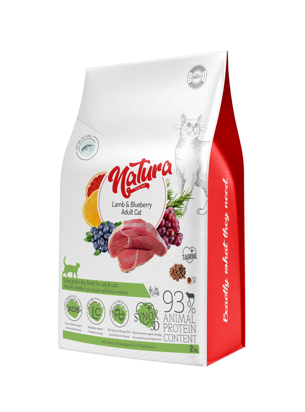 Суха храна за възрастни котки Natura с ниско съдържание на зърна и агнешко месо и боровинки, 2 кг
