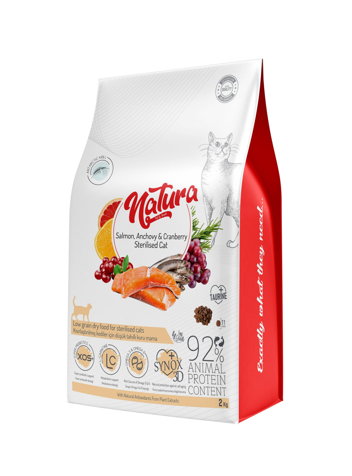 Суха храна за котки Natura с ниско съдържание на зърна, стерилизирана със сьомга, аншоа и червени боровинки