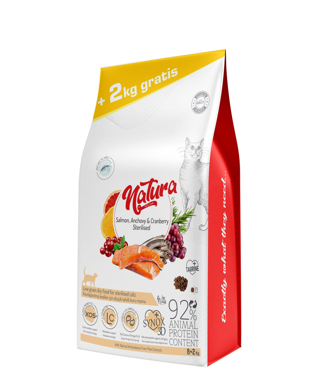 Суха храна за котки Natura с ниско съдържание на зърна, стерилизирана със сьомга, аншоа и червени боровинки