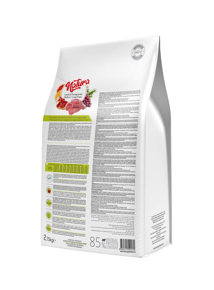 Суха храна за кученца Puppy - NATURA Low Grain Medium & Large – Агнешко и Нар, 2.75 кг