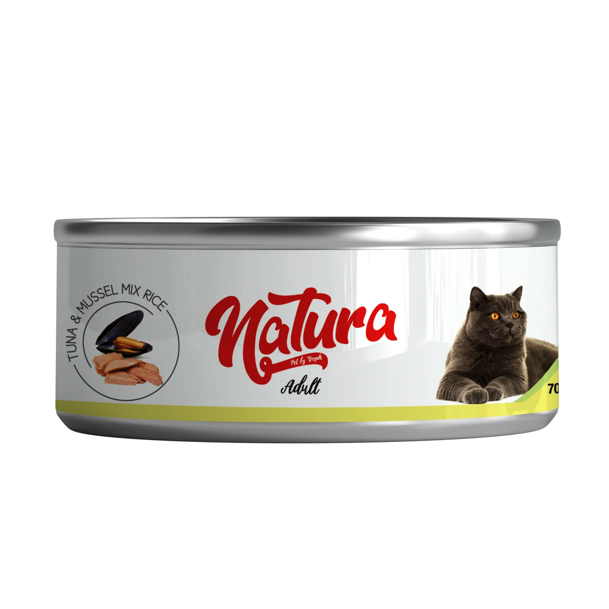 Консерва за котки Natura, смес от риба тон и миди, в желе 70 гр