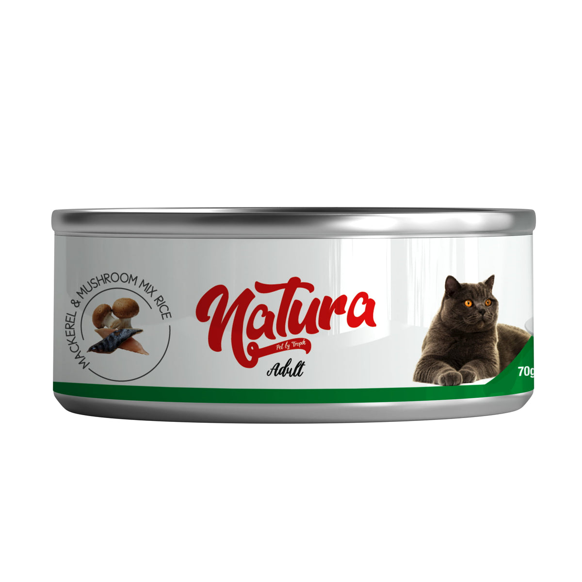 Консерва за котки Natura, смес от скумрия и гъби в сос, 70 гр