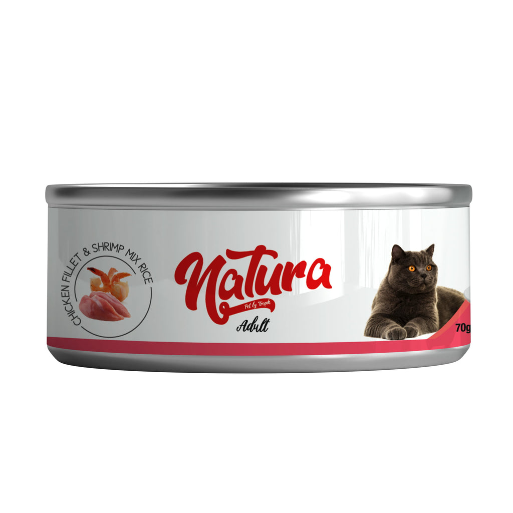 Консервирана храна за котки Natura пилешки филета и скариди с оризово желе 70 гр.