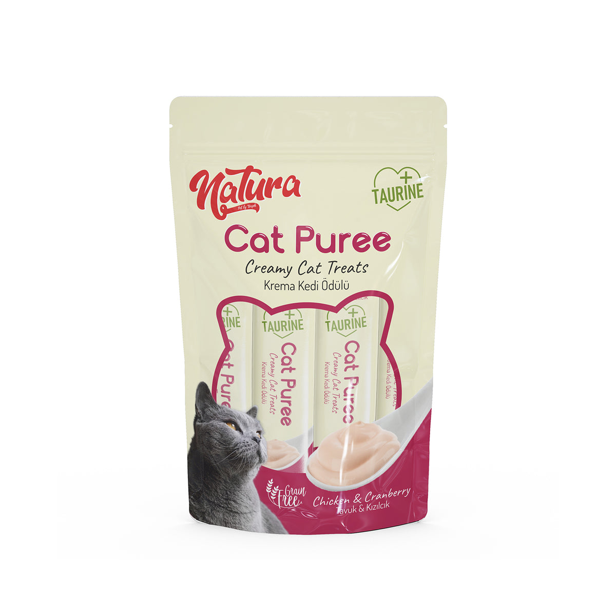 Пюре за котки Natura с пилешко и червена боровинка 5 × 12 г