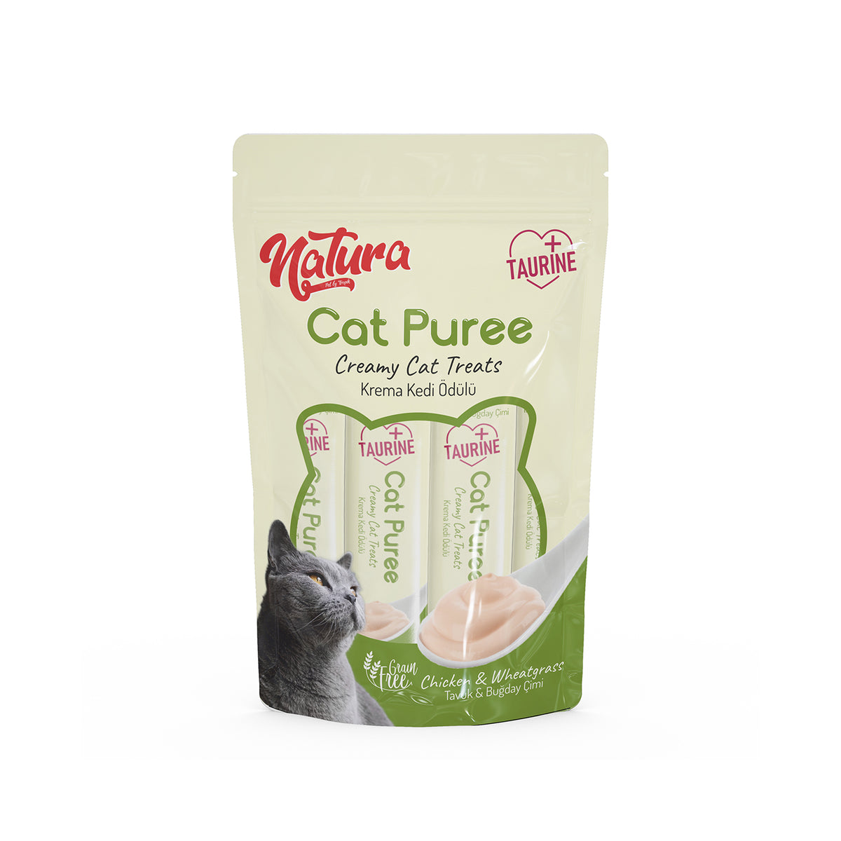 Пюре за котки Natura с пилешко месо и житна трева 5 × 12 г