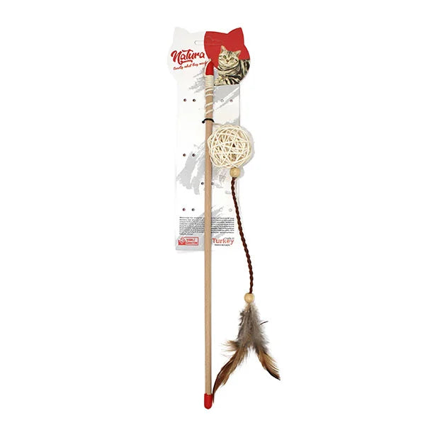 Играчка за котки – Natura Long Leather Feathered Ball Cat Rod Toy PTC-060 (45 см)