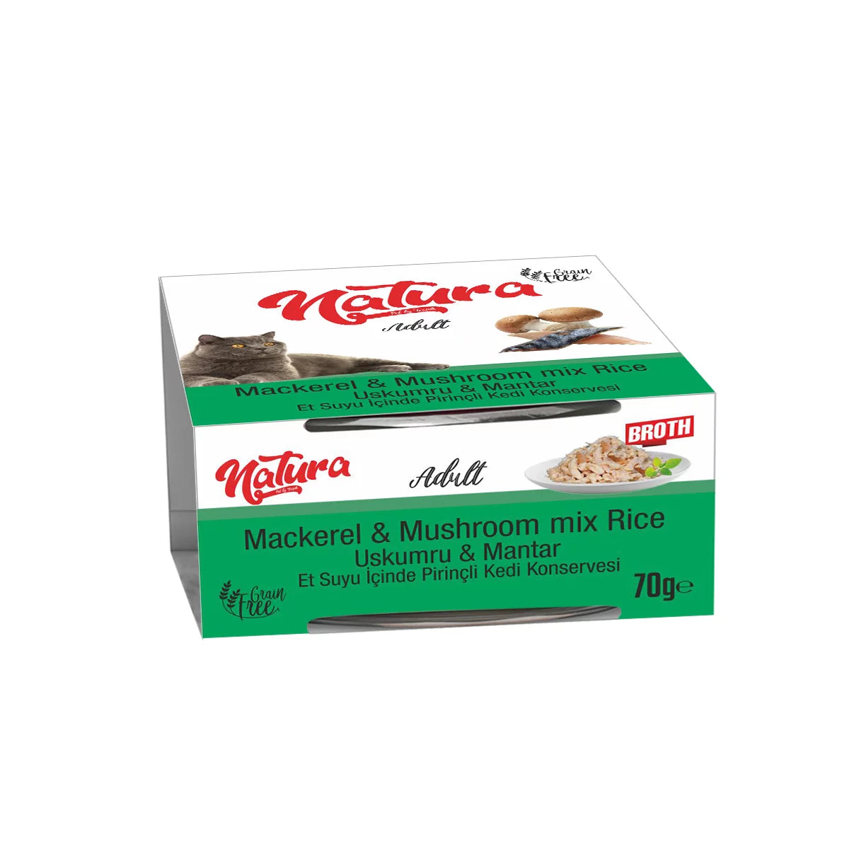 Консерва за котки Natura, смес от скумрия и гъби в сос, 70 гр