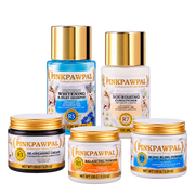 PinkPawPal Set Baie Completă Blană Albă – De-Greasing Cream 150 g + Whitening & Silky Shampoo 135 ml + Nourishing Conditioner 135 ml + Balancing Powder 100 g + Bling Bling Powder 150 g