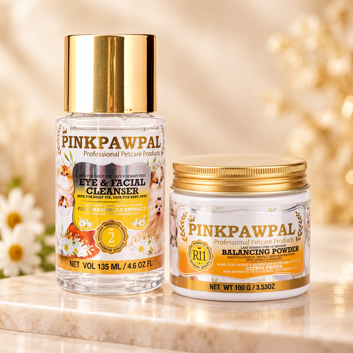PinkPawPal Комплект за почистване и балансиране – Почистващ продукт за очи и лице 135 мл + Балансираща пудра 100 г